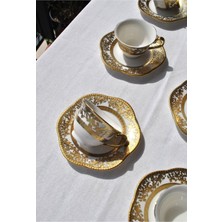 Qualitev 12 Parça 6 Kişilik Porselen Gold Yaldızlı Kahve Fincan Takımı Altın Çiçek Kahve Fincanı 90 ml