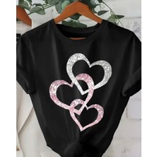Nıgrum Pardus Özel Seri Büyük Beden Çengel Kalp Baskılı %100 Pamuk Oversize Kadın T-Shirt