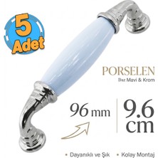 Badem10 (5 Adet) Mavron Mavi Porselen Krom Kulp 96 mm 9.6 cm Mobilya Çekmece Dolabı Dolap Kapak Kulb Kulpu