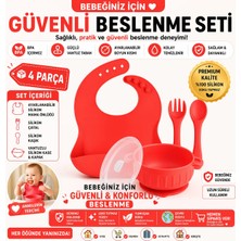 Jojobebek Silikon Beslenme Seti Silikon Vakumlu Kapaklı Mama Kase , Silikon Önlük, Çatal-Kaşık / Kırmızı