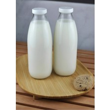 Qualitev 2 Adet Beyaz Plastik Kapaklı Cam Şişe 1 Litre Şeffaf Sürahi Süt, Ayran, Su, Limonata Meşrubat Şişesi