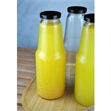 Qualitev 2 Adet 1 Litre Şeffaf Sürahi Süt, Ayran, Su, Limonata, Meşrubat Şişesi Metal Siyah Kapaklı Cam Şişe