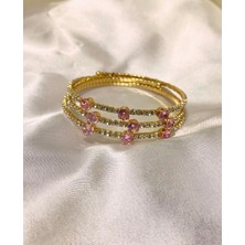 Stainless Stell Pembe Taş Detaylı Gold Kelepçe Bileklik