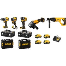 Dewalt 5'li Set 18V (Kırıcı Delici, Taşlama, Darbesiz Matkap, Vidalama, Somun Sıkma) 4 Adet x 5 Amper Akü, 1 Adet x Şarj Cihazı, 4 Adet Çanta