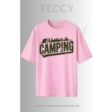 Feccy Premium Camping Baskılı Avcı Tema Unısex Oversize Kadın Tişört Erkek Tişört Pamuklu Oversize Tişört