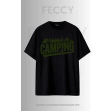 Feccy Premium Camping Baskılı Avcı Tema Unısex Oversize Kadın Tişört Erkek Tişört Pamuklu Oversize Tişört