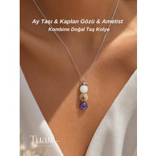 Tuan Collection Ay Taşı, Kaplan Gözü ve Ametist Kombin Çelik Kolye (8 mm Doğal Taş)