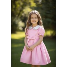 Asel Collection Kız Çocuk Fiyonk Detaylı Taşlı Bebe Yaka Elbise – Şık Prenses Model (Pembe/mavi)