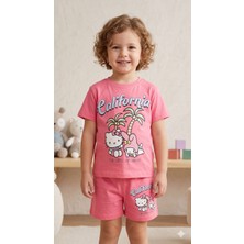 Hello Kitty ve My Melody Baskılı Kız Çocuk Pembe Şortlu Takım - California Temalı Pamuklu Yazlık Set