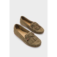Capone Outfitters Almire Hakiki Deri Süet Boncuklu Püsküllü Konfor Kadın Loafer Ayakkabı