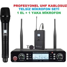Profesyonel Uhf Kablosuz Telsiz Mikofon Seti ( 1 El + 1 Yaka Mikofon)