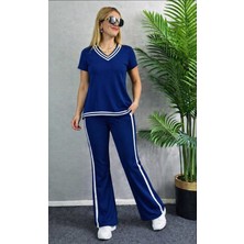 Gökyüzü Moda Kadın Kısa Kollu V Yakalı Viskon Iki Iplik Bluz ve Pantolon Ikili Takım