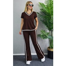 Gökyüzü Moda Kadın Kısa Kollu V Yakalı Viskon Iki Iplik Bluz ve Pantolon Ikili Takım