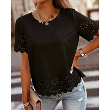 Alyn Wear Kadın Kısa Kollu Bisiklet Yakalı Kolları Lazer Cicek Baskılı Ithal Krep Bluz