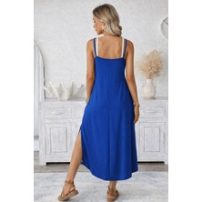 Kendim Fashion Kadın Ip Askılı Yuvarlak Yakalı Cepli Uzun Viskon Elbise