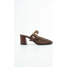 Dericia Shoes Aveline Hakiki Deri Kadın Örgülü Kalın Topuklu Terlik