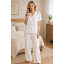 Rukod Kadın Beyaz Cepli Viskon Gömlek Yaka Düğmeli Ara Biye Detaylı Pijama Lohusa Çeyiz Takımı