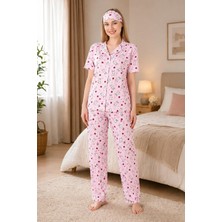 Rukod Kadın Pembe Tavşan ve Çilek Desenli Biyeli Likralı Yumuşak Kısa Kollu Gömlek Yaka Pijama Takımı