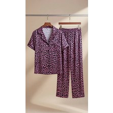 Rukod Pembe Leopar Desenli Milan Gömlek Yaka Pijama Takımı