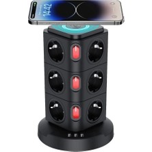 HiboTekno Akım Korumalı Kule Priz Kablosuz Şarj Istasyonu 12 Soket 1 USB 2x Type-C Wireless Şarj Istasyonu