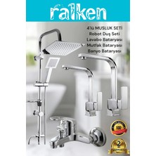 Ralken 4’lü Batarya Seti Krom Pirinç Banyo Kare Lavabo Mutfak Eviye Musluğu Dubai Yağmurlama Duş Sistemi Komple Set