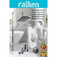Ralken 4’lü Batarya Seti Krom Pirinç Banyo Kare Lavabo Mutfak Eviye Musluğu Yağmurlama Duş Sistemi Komple Set