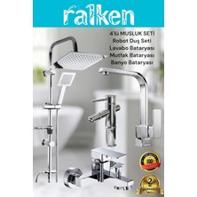 Ralken 4’lü Batarya Seti Krom Pirinç Kare Banyo Bambu Lavabo Mutfak Eviye Musluğu Yağmurlama Duş Sistemi Komple Set