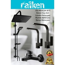 Ralken 4’lü Batarya Seti Siyah Pirinç Banyo Lavabo Kare Mutfak Eviye Musluğu Dubai Yağmurlama Duş Sistemi Komple Set