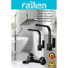 Ralken 4’lü Batarya Seti Siyah Pirinç Banyo Lavabo Kare Mutfak Eviye Musluğu Yağmurlama Duş Sistemi Komple Set