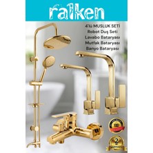 Ralken 4’lü Batarya Seti Gold Altın Pirinç Banyo Lavabo Kare Mutfak Eviye Musluğu Yuvarlak Yağmurlama Duş Sistemi Komple Set