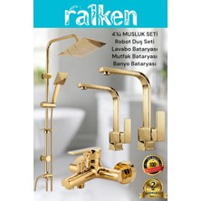Ralken 4’lü Batarya Seti Gold Altın Pirinç Banyo Lavabo Kare Mutfak Eviye Musluğu Yağmurlama Duş Sistemi Komple Set