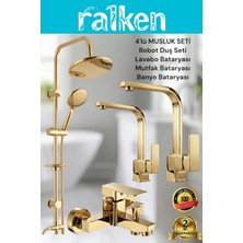 Ralken 4’lü Batarya Seti Gold Altın Pirinç Kare Banyo Lavabo Mutfak Eviye Musluğu Yuvarlak Yağmurlama Duş Sistemi Komple Set