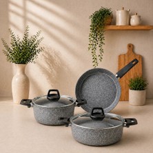Lavonni Dark Stone 5 Parca Granit Ezme Tencere Seti - Gri -20 Derin-26 Basık - 26 Tava