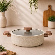 Lavonni Valeria 24 cm Granit Basık Tencere Silikon Kenarlı Cam Kapak - Cappucino Yapışmaz