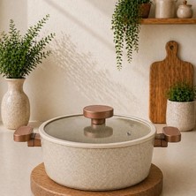 Lavonni Valeria 26 cm Granit Derin Tencere Silikon Kenarlı Cam Kapak - Cappucino