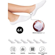 Bambu Kadın Babet Beyaz Çorap Dikişsiz Görünmez Kaydırmaz Topuk Silikonlu Premium 6'lı Beyaz Paket