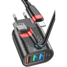 Judas C5 Type-C+3 Usb Girişli Şarj Adaptörü + C2 Type-C To Type-C 5A/100W Şarj Kablosu -2mt