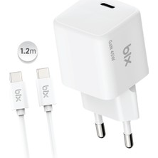 Bix BX1P46G GaN 45W Type-C PPS/AVS Destekli Hızlı Şarj Cihazı ve 1.2 Metre 3A Type-C Kablo Beyaz