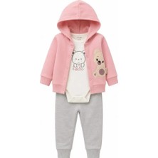 Lika&Nika Kız Bebek 3'lü Takım %100 Pamuklu Kapüşonlu Hırka Body ve Eşofman Altı Bebek Giyim Seti