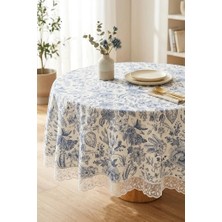 Rona Home Lüks Dijital Baskılı Yuvarlak Masa Örtüsü Güpürlü Mavi Yaprak Desenli Piknik Çeyizlik Yer Sofra Bezi