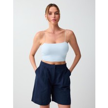 Jimmy Key Gök Mavisi Dar Kesim Açık Yaka Kısa Örme Bralet