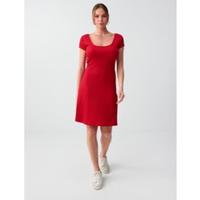 Jimmy Key Kırmızı Dar Kesim U Yaka Kısa Kollu Örme Mini Elbise