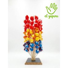 Honey Candy Balcı Şekerleme Top Şeker El Yapımı 100 Adet Ahşap Stant Hediyeli Mavi Kırmızı Sarı Tutti Frutti Çilek Muz Aromalı Lolipop Şeker