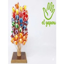 Honey Candy Balcı Şekerleme Top Şeker El Yapımı 100 Adet (Çizgili) Ahşap Stant Hediyeli Mavi Kırmızı Sarı Turuncu Mor Yeşil Tutti Frutti Çilek Muz Portakal Yeşil Elma Aromalı Lolipop Şeker