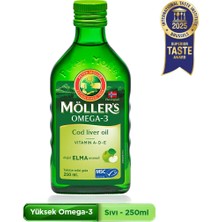 Möller's Omega 3 Elmalı 250 ml; saf morina balığı yağı, DHA, EPA, A D E vitamini. Çocuklar ve yetişkinler için doğal omega-3 takviyesi.