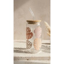 Minnaco Cam Pipetli Bardak 500 ml | Bambu Kapaklı, Monstera Desenli Dekoratif Cam Bardak