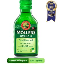 Möller's Omega 3 Elmalı 150 ml; saf morina balığı yağı, DHA, EPA, A D E vitamini. Çocuklar ve yetişkinler için doğal omega-3 takviyesi.