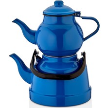 Ebru Metal Emaye Nostaljik Küçük Boy Çaydanlık Takımı Mavi Renk 1,7 Litre Alt Çaydanlık