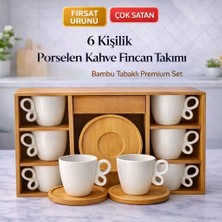 Aşkana 6 Kişilik Porselen Türk Kahvesi Fincan Takımı.Bambu Tabaklı Premium Kahve Seti,Kelebek Kulplu