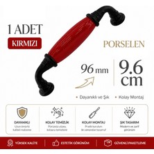 Badem10 Lumira Kırmızı Porselen Siyah Kulp 96 mm 9.6 cm Mobilya Çekmece Dolabı Dolap Kapak Kulplar Kulb Kulp